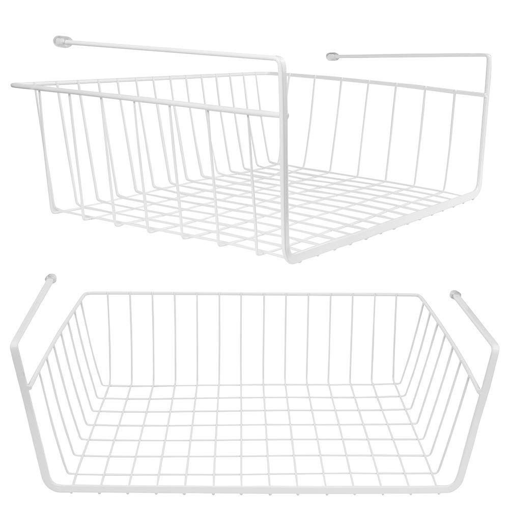 Tebery 2 Pack White Under Shelf Wire Basket Hanging Storage Baskets, Under Cabinet Add-On Storage Racks Slide-In Baskets Organiz