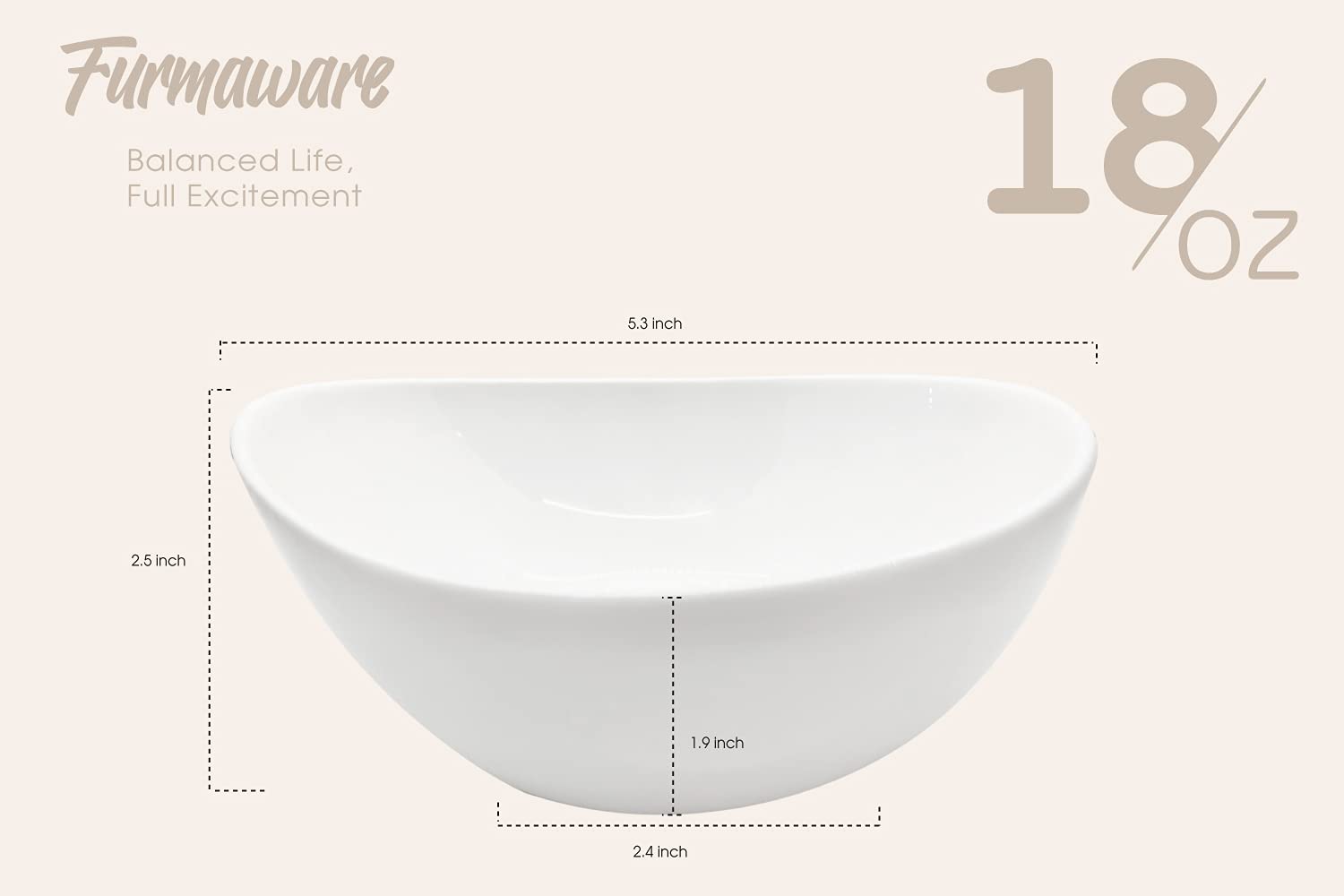 Furmaware Porcelain Bowl Set Sized Perfectly For Cereal, Salads, Ice Cream, Soup, Pasta, Rice And Dessert. Versatile Bowls That