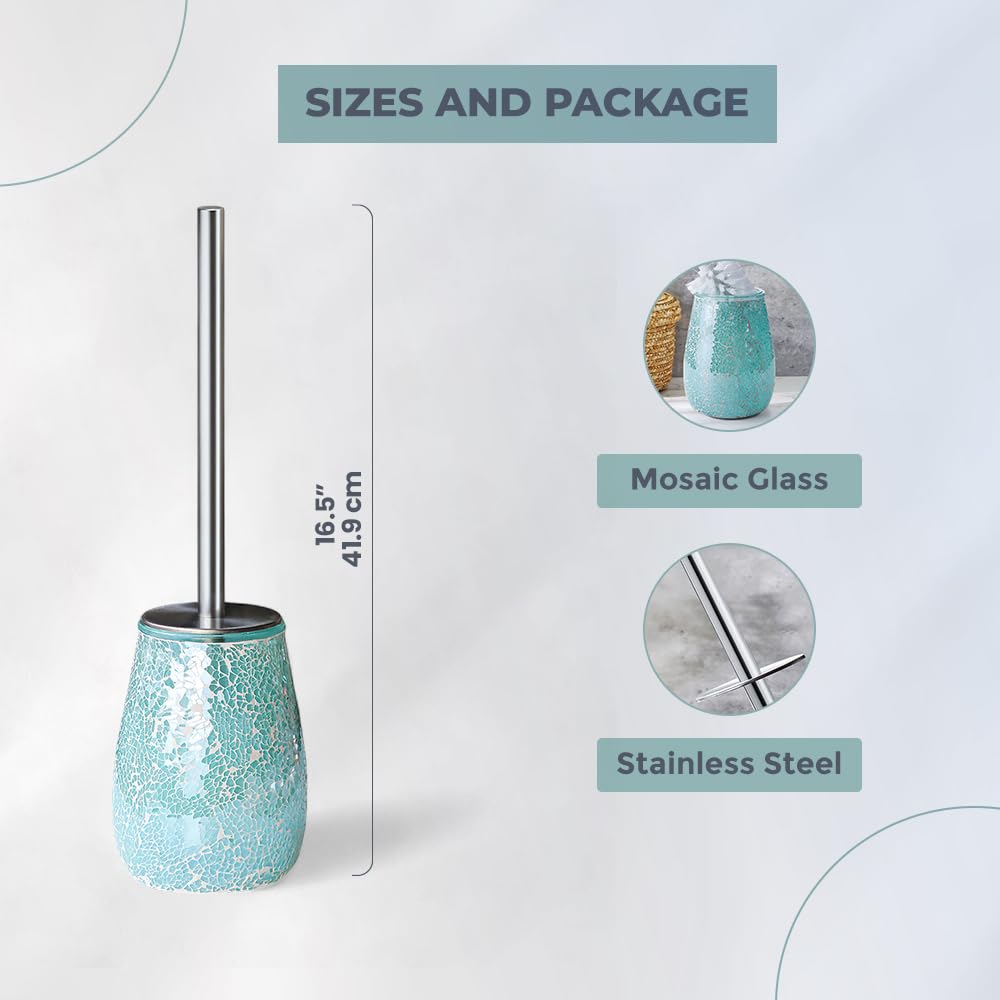 Escenzy Turquoise Green Toilet Brush And Holder Set Mosaic Glass | Non-Rustic Stainless Steel | Practical & Decorative Toilet Bo
