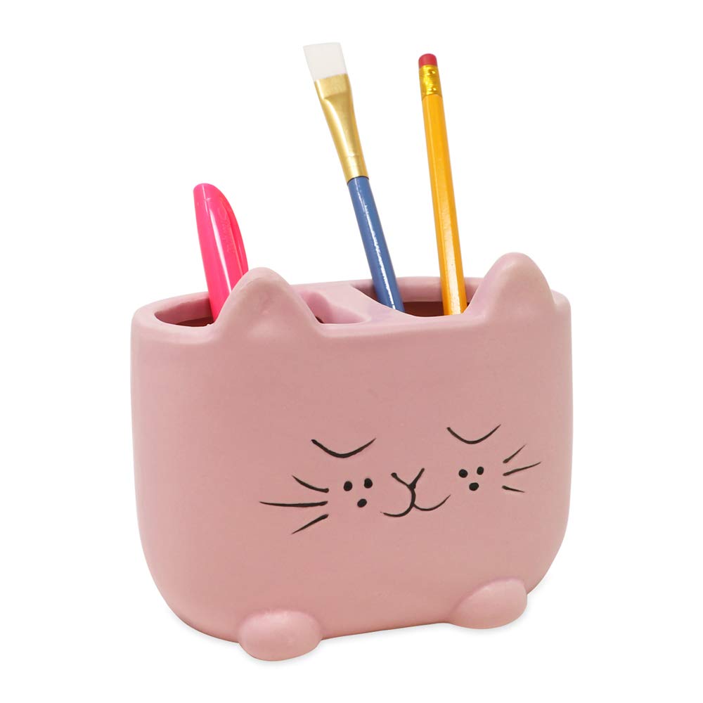 Isaac Jacobs Pink Ceramic Cat Makeup Brush Holder  Multi-Purpose 2-Section Organizer. Bathroom  Kitchen  Bedroom  Office D?or (2-Section Cup  Pastel Pink)