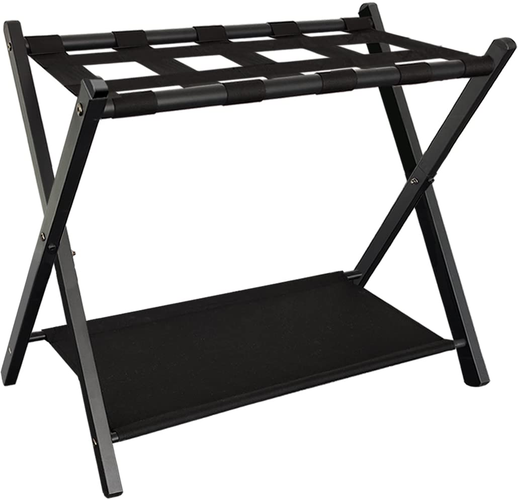 Queension Folding Luggage Rack Stand With Shelf For Guest Room, Foldable Metal Suitcase Storage Caddy Holder For Bedroom Hotel E