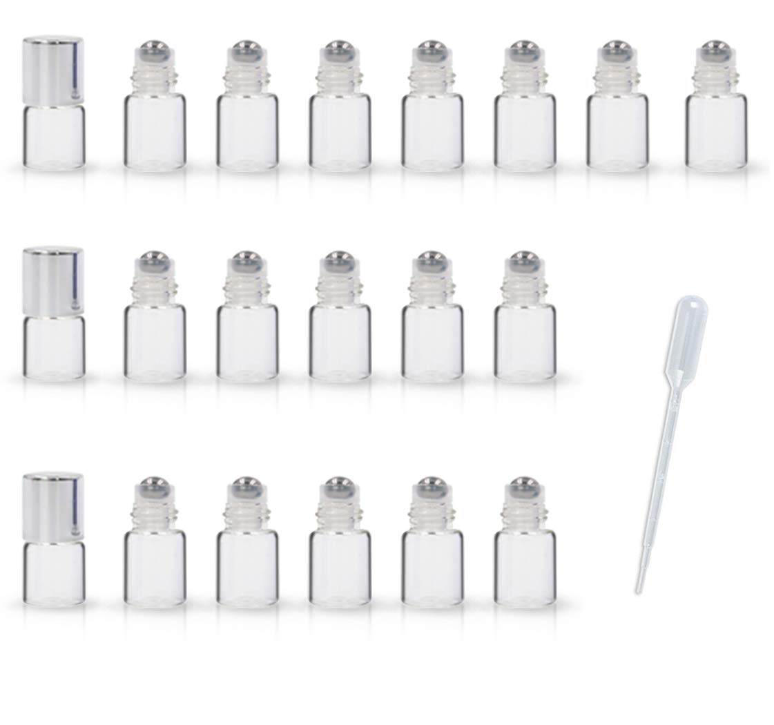 Zbfwmx 20 Pack Set 1Ml Mini Sample Roll Glass Bottles For Essential Oils Roller Refillable Perfume Roll Bottle (Pure-Sliver)