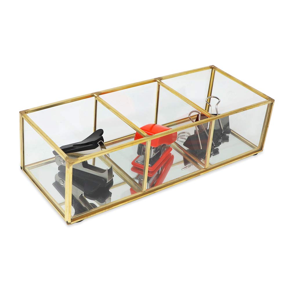 Isaac Jacobs 3-Compartment Vintage Style Brass and Glass Organizer (9.1 L x 3.6W x 2.6 H)  Multi-Sectional Tray & Storage Solution with Mirror Base  for Makeup & More  Bathroom  Kitchen  Office