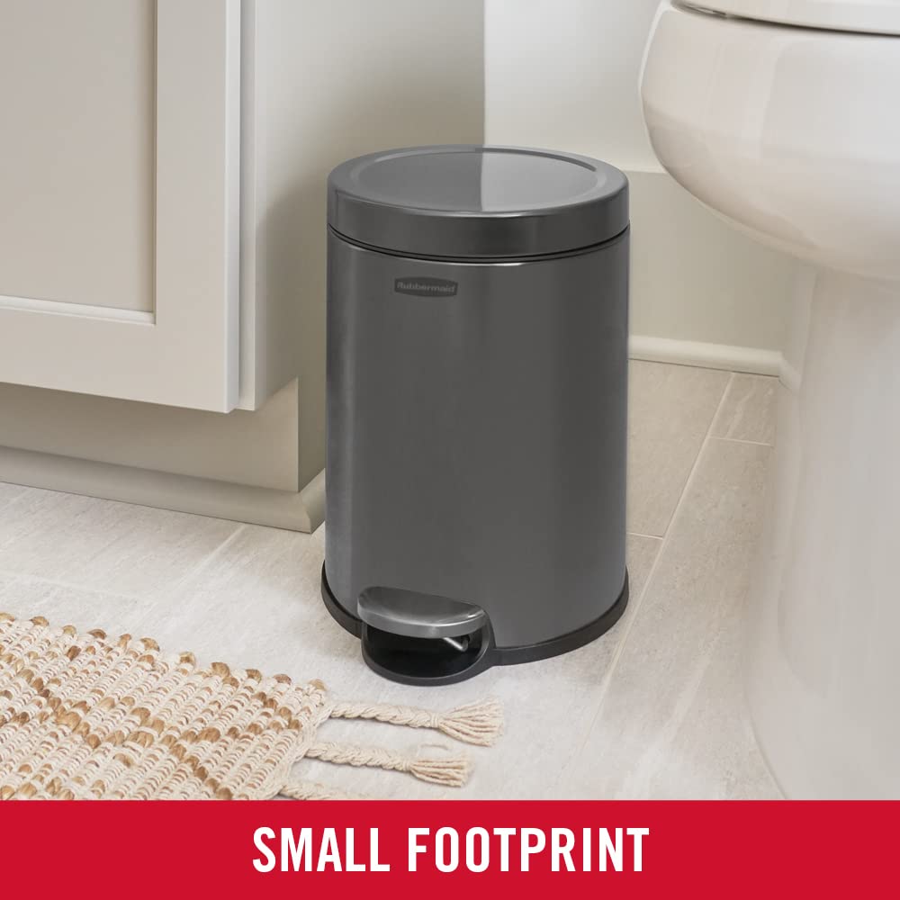 Rubbermaid Stainless Steel Round Step-On Trash Can, 1.6-Gallon, Charcoal, Wastebasket With Lid For Home/Bathroom/Kitchen/Office