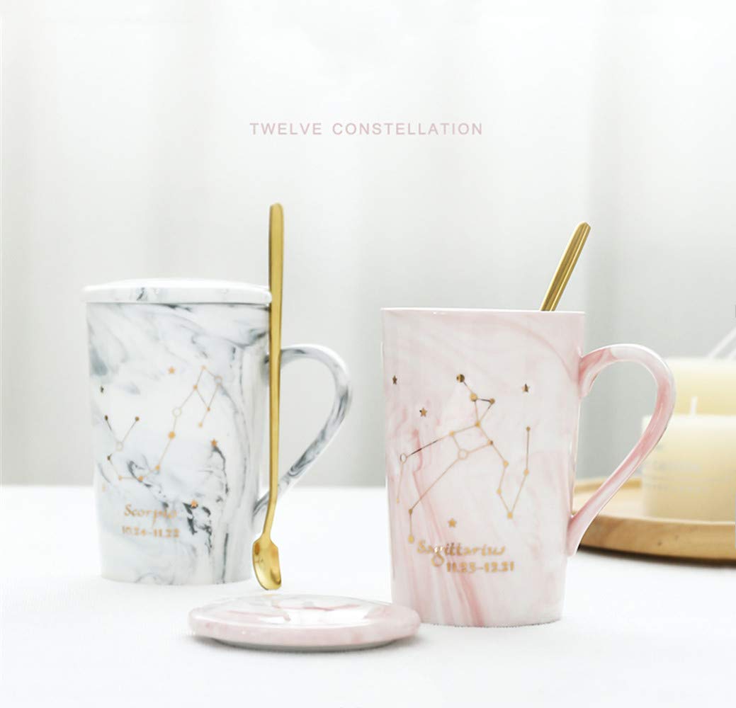 Ynsfree 12 OZ Marble Ceramic Coffee Mugs Juice Tea Coffee Cups and Saucer Twelve Constellations Romantic Gift For Friends,Sister