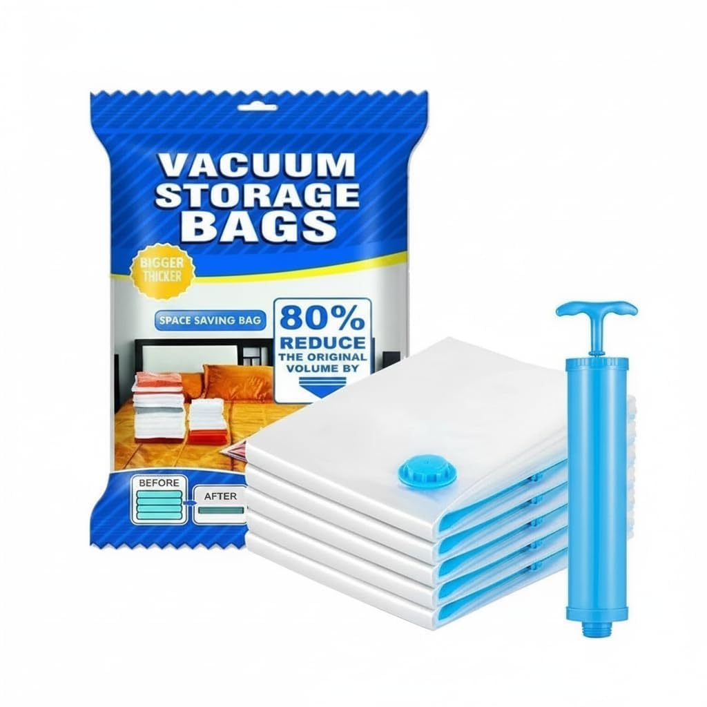 Lupro Vacuum Storage Bags For Clothes With Hand Pump, Pack Of 5 (1 Jumbo, 2 Large, 2 Medium), Airtight Reusable Compression Bags