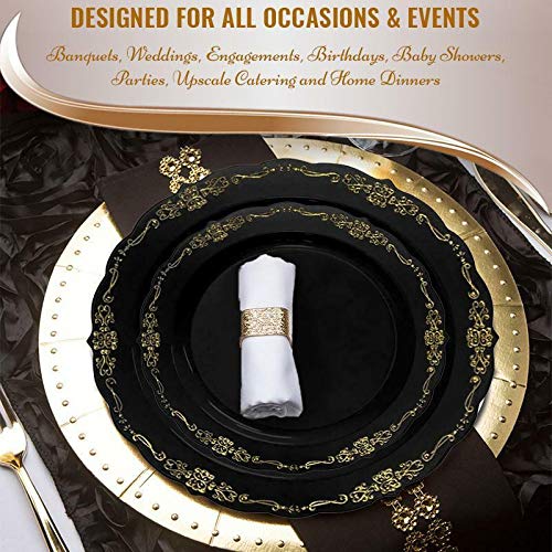 Kaya Elegant Black & Gold Vintage Round Disposable Dinner Plates - 10'' (Packs Of 10), Stylish Design, Perfect For Any Occasion