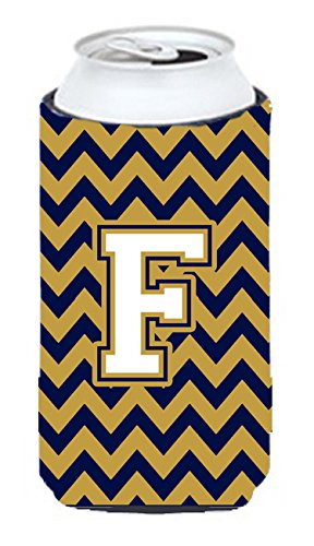 Letter F Chevron Navy Blue and Gold Tall Boy Beverage Insulator Hugger CJ1057-FTBC