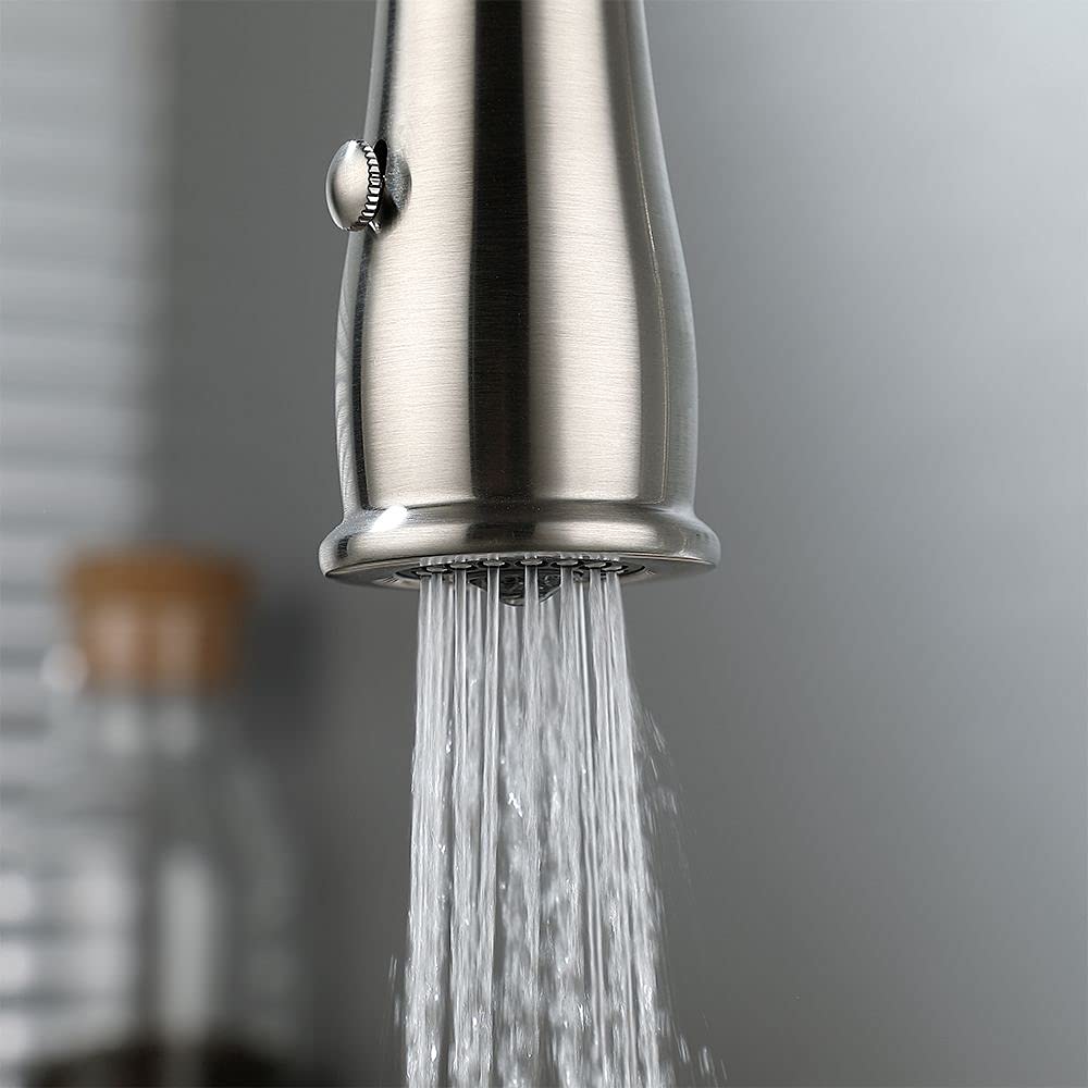 Kunmai Single Handle High Arc Swiveling Dual-Mode Pull-Down Sprayer Kitchen Sink Faucet With Porcelain Handle In Brushed Nickel,