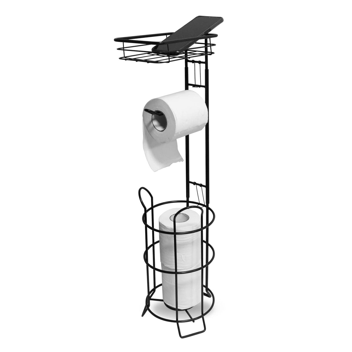 Toilet Paper Holder Stand Bathroom Toilet Paper Storage With Raised Base, Tissue Paper Roll Dispenser With Top Shelf (Black)