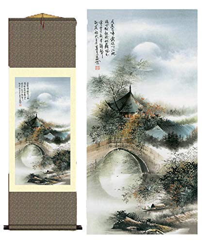 Atfart Asian Wall Decor Beautiful Silk Scroll Painting Waterfall River Landscape Painting - Water Township Oriental Decor Chines