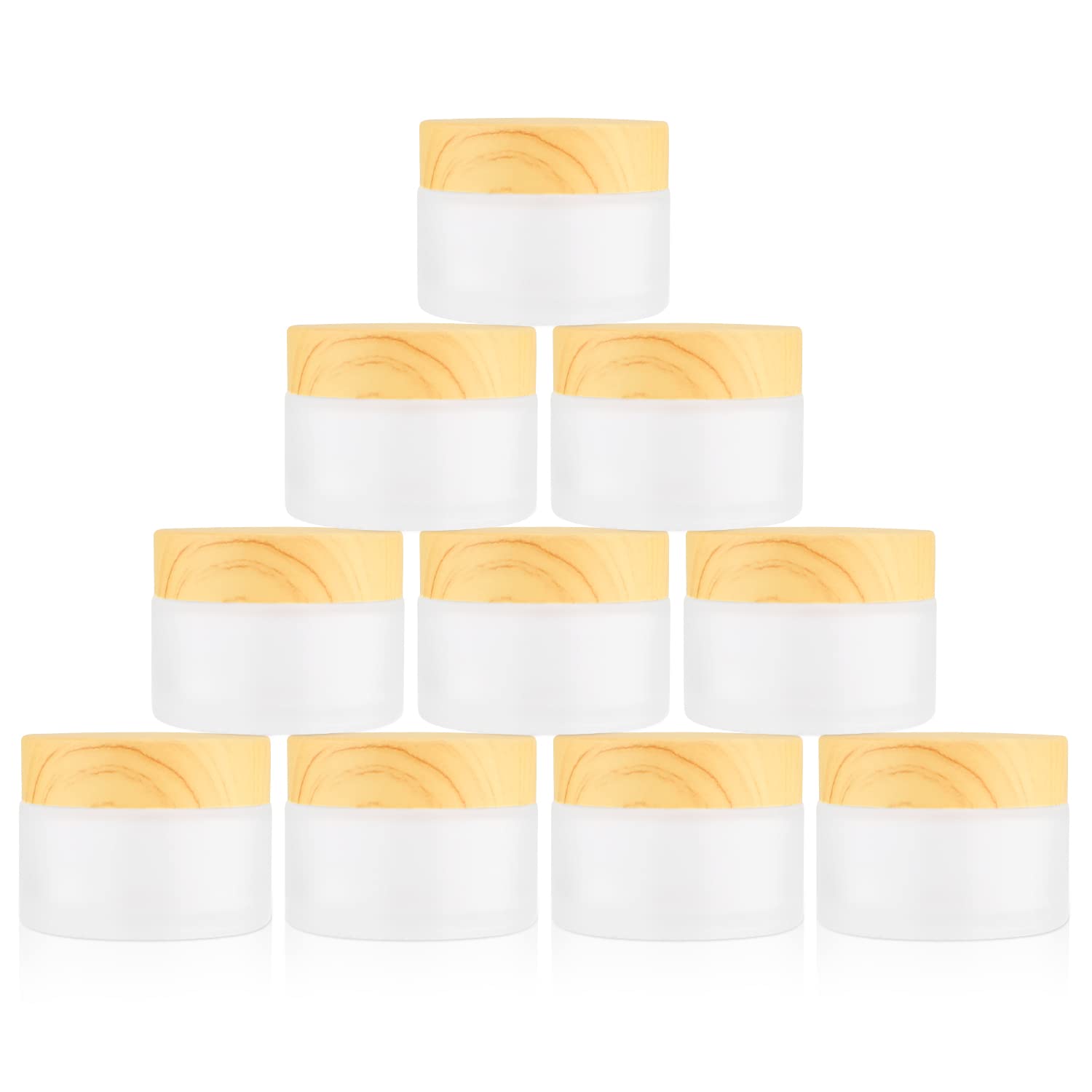 Dmuuudm 1 Oz 10 Pack Frosted Glass Face Cream Jars,Empty Cream Jars Holder Case With Wood Grain Lid&Inner Liner,Sample Cosmetic