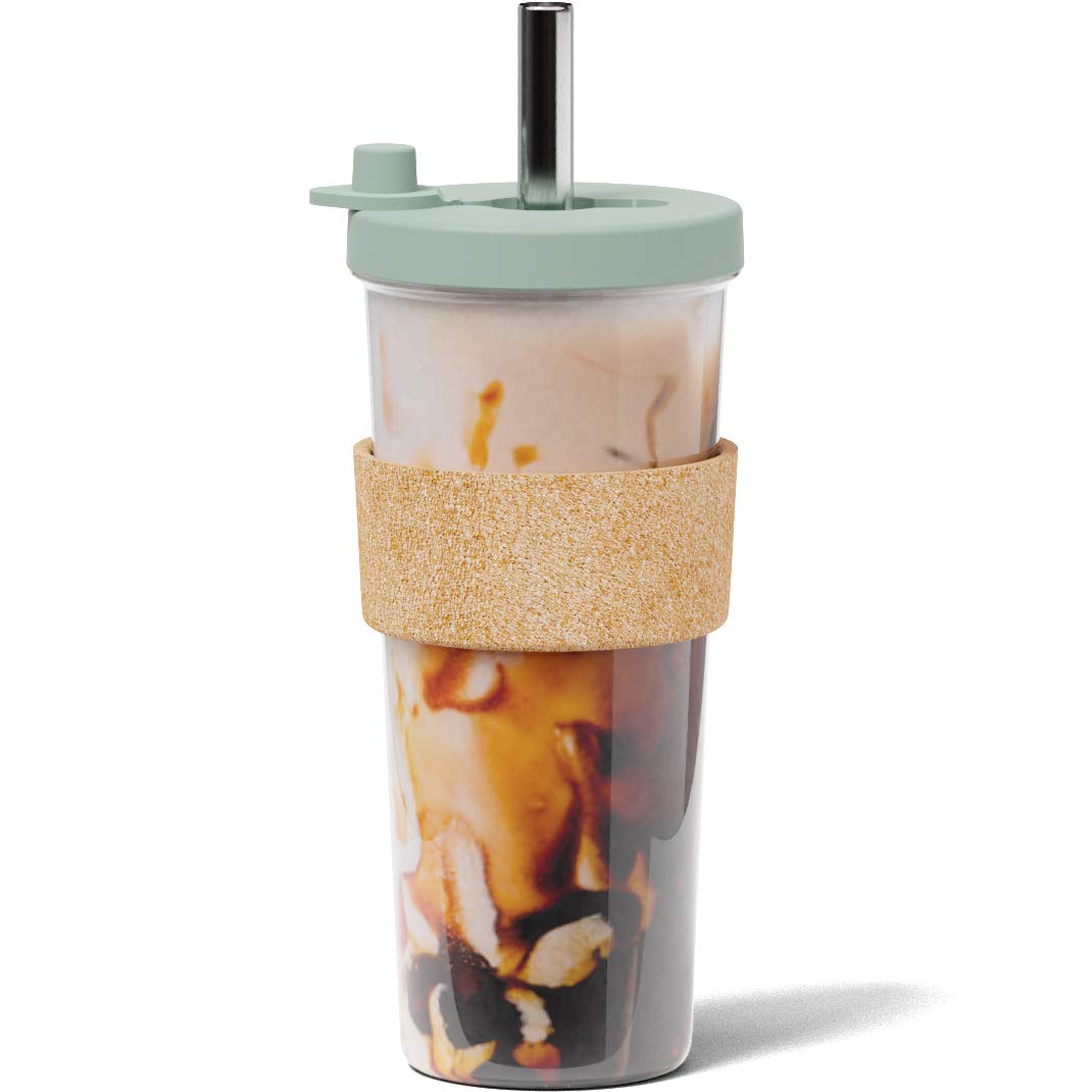 Dodoko Sage Green 24 oz Reusable Boba Cup and Straw Bubble Tea Cup with Wide Lid and Straw