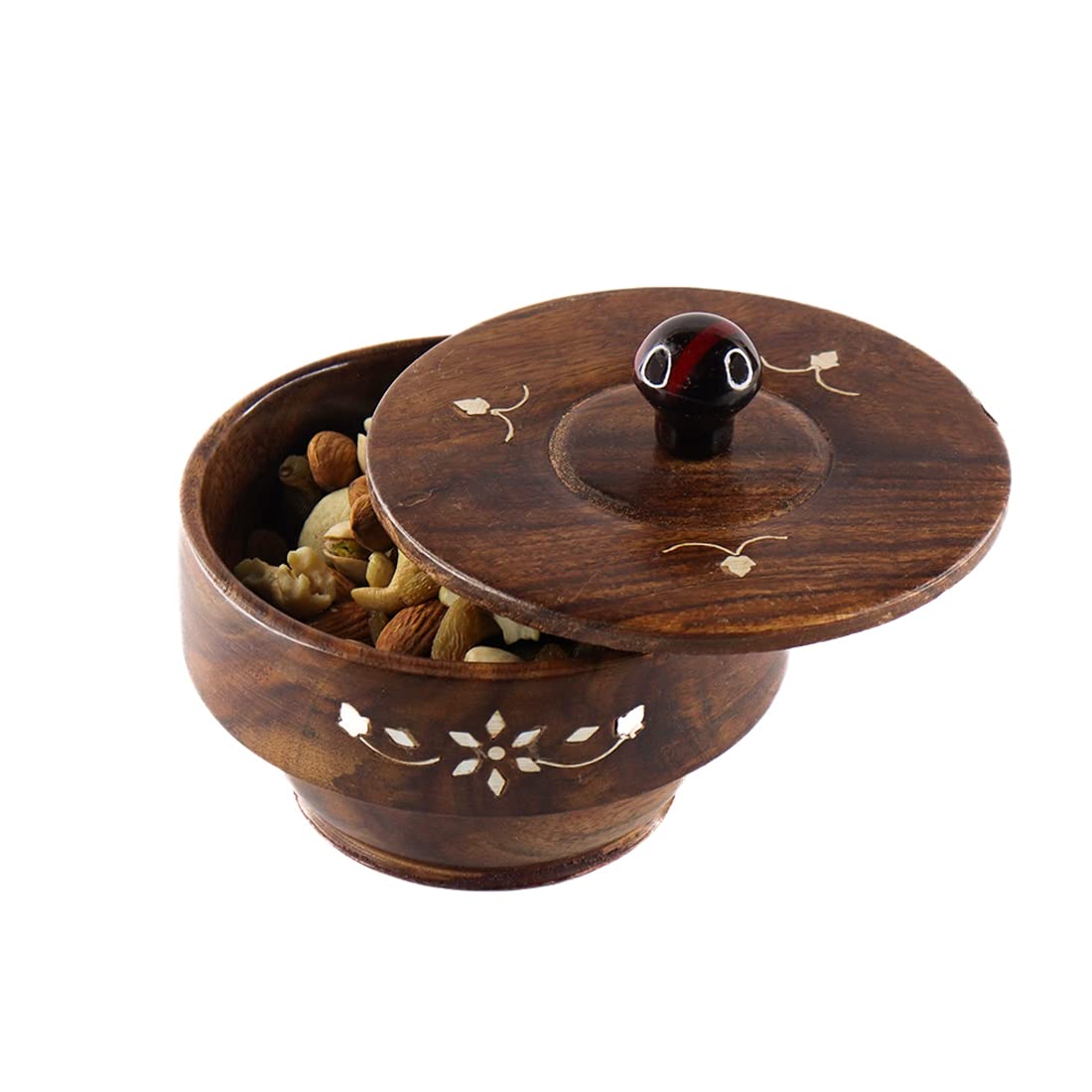WOOD CAFE Jars Sheesham Wooden Handcrafted Box Pot Handmade White Working Serving Bowl with Lid for Dry Fruits, Serving Sweets, 