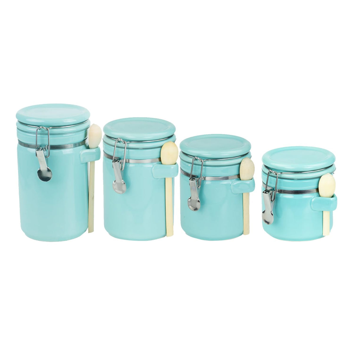 Canister Sets For The Kitchen (4 Piece) Turquoise, High Gloss Ceramic | By Home Basics | Decorative Set | With Wooden Spoons, Co