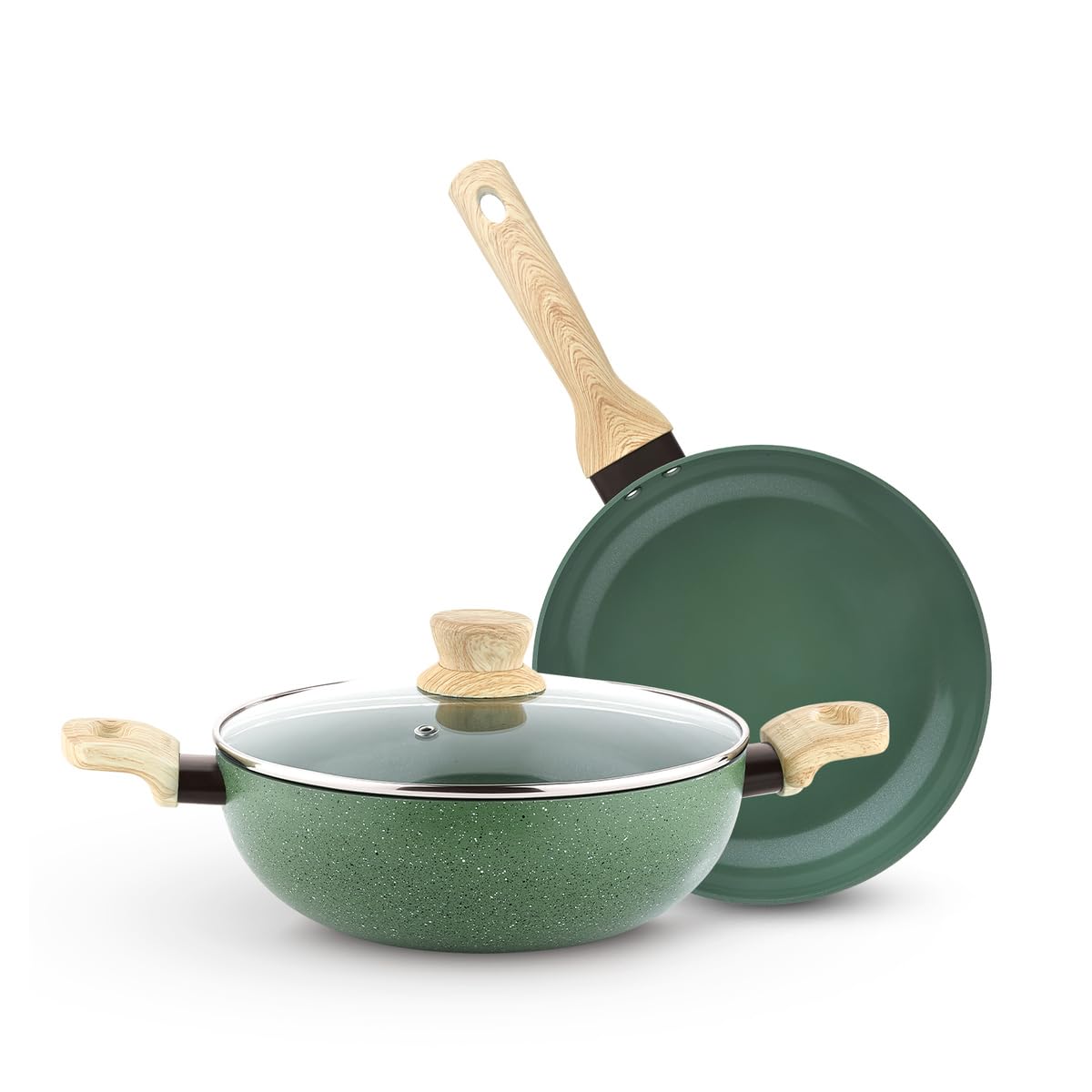 Bergner Greenfield NonStick 3 Pcs Cookware Set  24Cm (2.5 L) Kadai With Glass Lid And 24Cm Frypan, Ceramic Coating, Quick & Ev