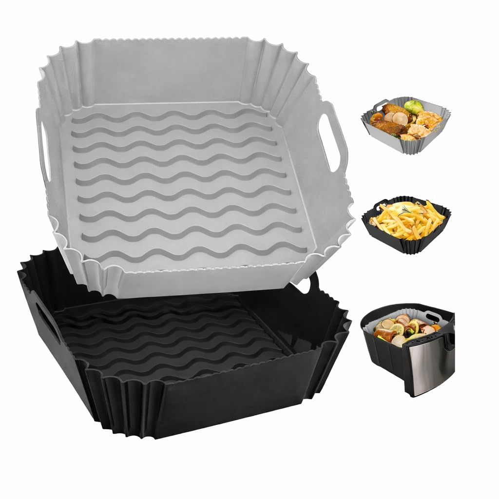 Niwlix 2 Pcs Air Fryer Liners I Square Silicone Basket Baking Tray I Pot With Ear Handles I Nonstick Reusable Heat Resistant I C