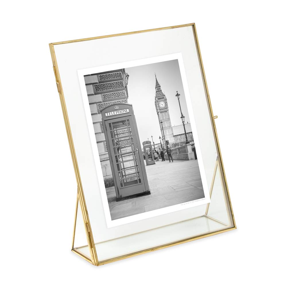 Isaac Jacobs 8x10 Antique Gold, Vintage Style Brass and Glass, Floating Photo Frame, Metal, (Vertical), with Locket Closure and 