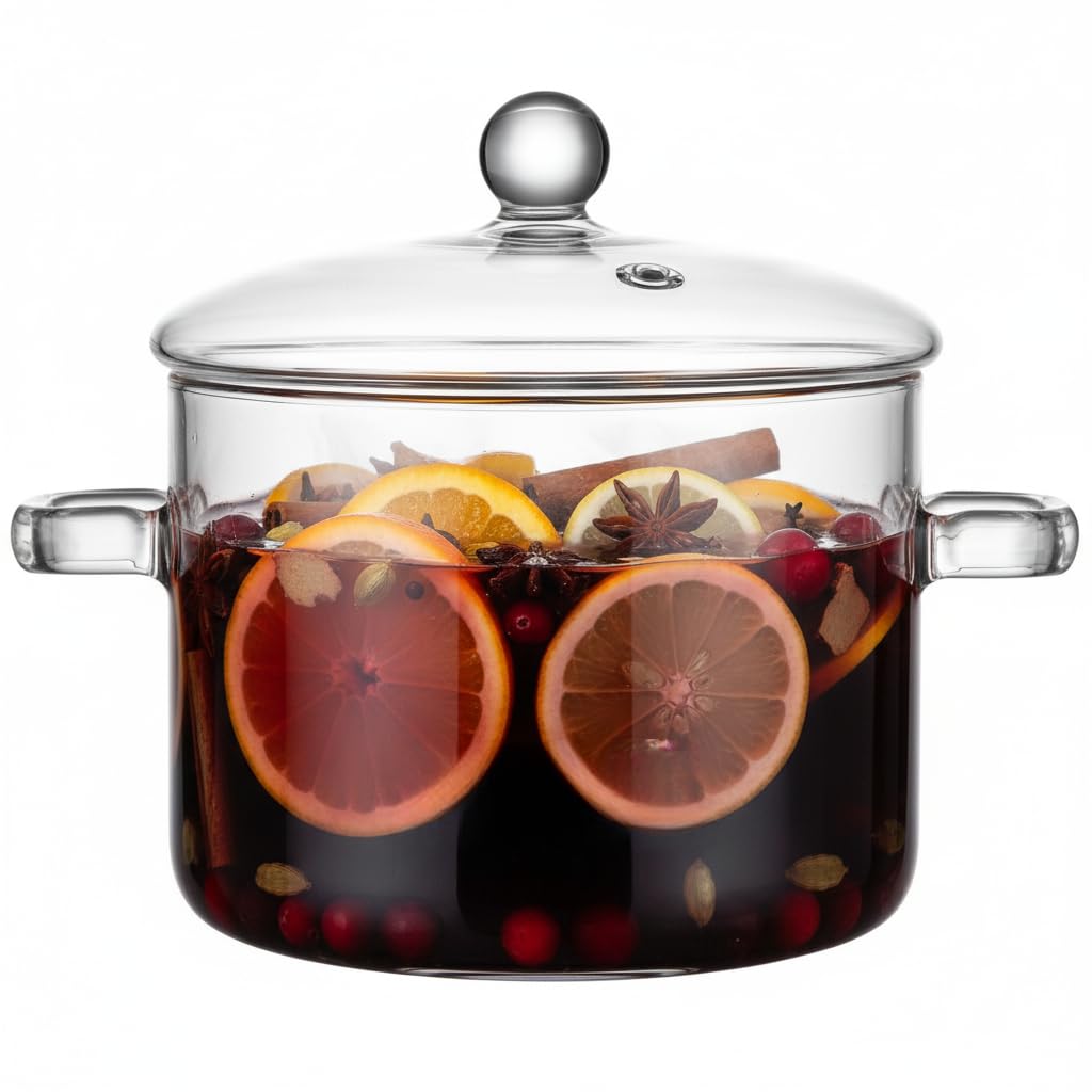Housoutil Borosilicate Glass Cooking Pot with Lid 1.35Qt Heat Resistant Soup Pot with Two Handles Clear Stovetop Glass Simmering