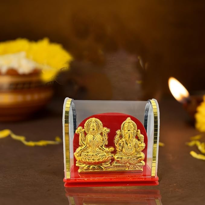 Awesome Craft Goddess Laxmi Ganesh Idol | Status | Murti Gold Polish Acrylic Idol In Glass Box For Home Temple, Office, Car Dash