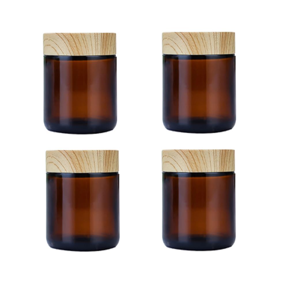 4Pcs 100G Amber Glass Cream Jars,Empty Refillable Cosmetic Containers Pot With Wood Grain Lids For Lotion,Cream,Lip Balm,Eye Cre