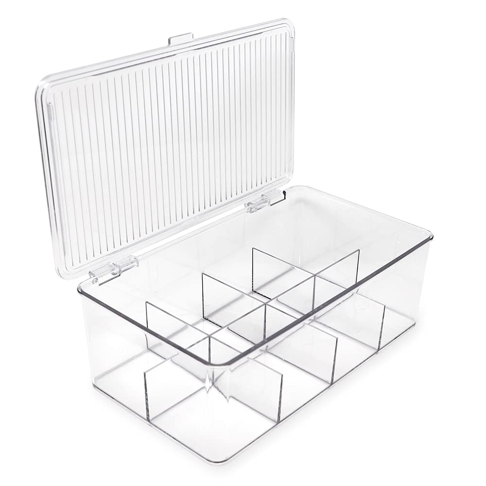 Isaac Jacobs Divided Clear Plastic Organizer (10.75    X 6.5    X 3.7   ) W/Hinged Lid, Stackable Storage Box For Tea Bags, Craf