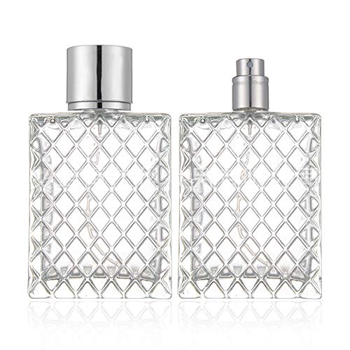 2 Set,100Ml Glass Fine Mist Atomiser,Empty Glass Square Grids Perfume Atomizer Spray Pump Bottle Travel Refillable Bottle For Li