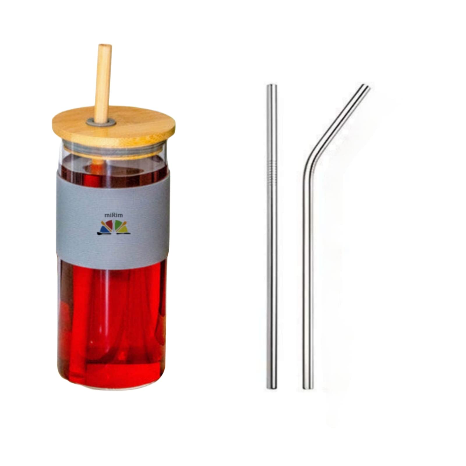 Mirim Glass Sipper With Silicon Grip & Bamboo Straw & Bamboo Lid (400 Ml) (Tumbler With Steel Straw)