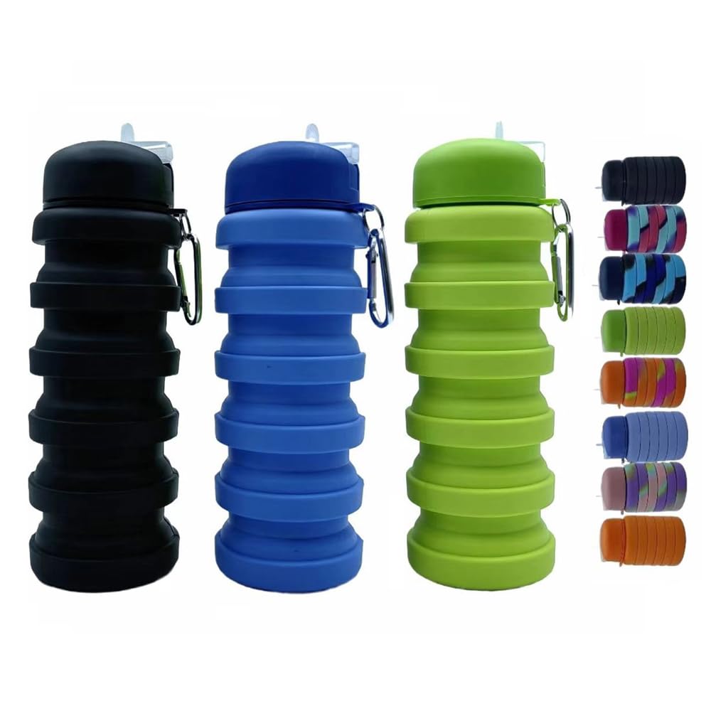 Dontinhu Collapsible Water Bottles 3 Pack 16oz(about 500ml), Travel Portable Sport Water Bottle, Silicone Foldable Water Bottles
