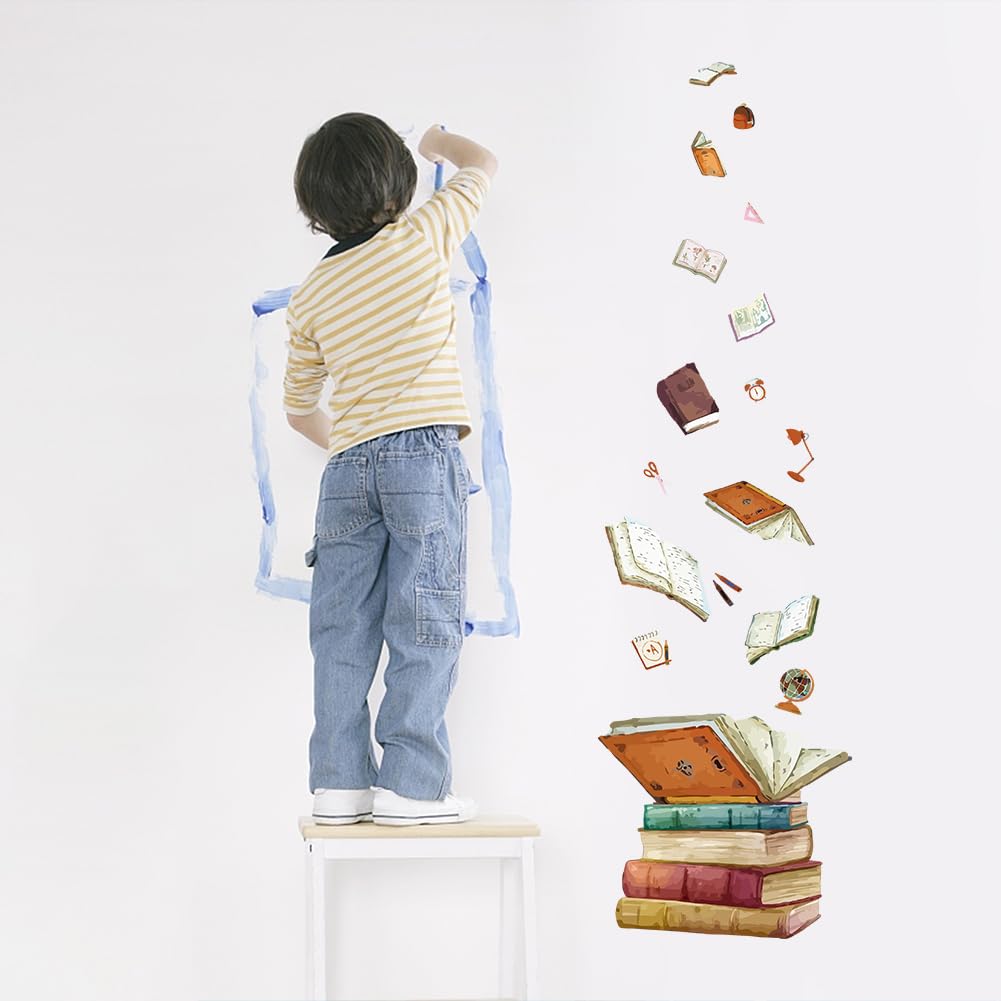 Superdant Magic Book Wall Decals Wall Stickers With Flying Book School Bag Scissors For Bedroom Wall Mural Ruler Globe Wall Deco