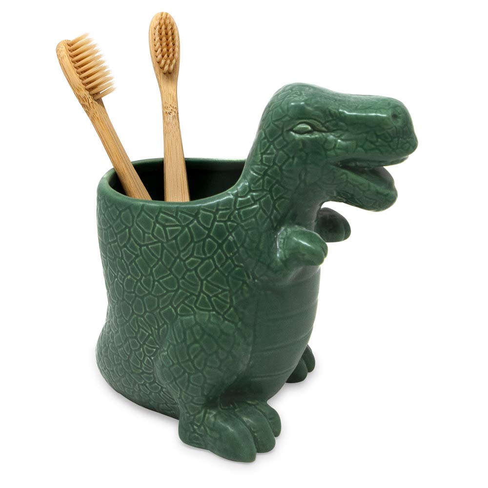 Isaac Jacobs Green Ceramic Dinosaur Cup  Toothbrush Holder  Multi-Purpose Organizer  - Great for Toiletries  Bathroom  Kitchen  Crafts  Desk  Novelty Bathroom Accessory (Single Cup  Green)