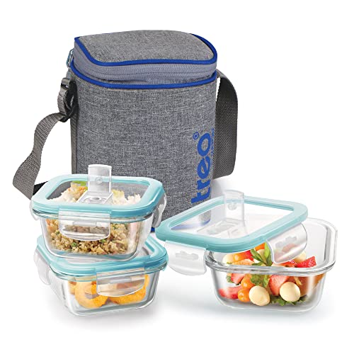 Treo By Milton All Fresh Square Glass Lunch Box Set Of 3, Clear, 320Ml Each, With Lunch Bag, Microwave & Dishwasher Safe, Leak P