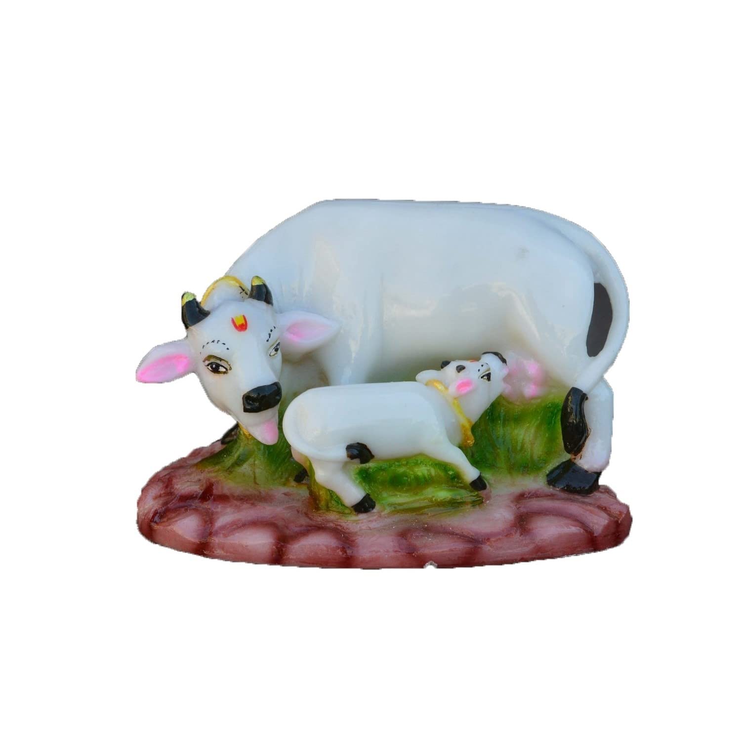 Ecraftindia Colorful Cow And Calf Statue Polyresin Statue (12.5 Cm X 7.5 Cm X 7.5 Cm, White And Green)
