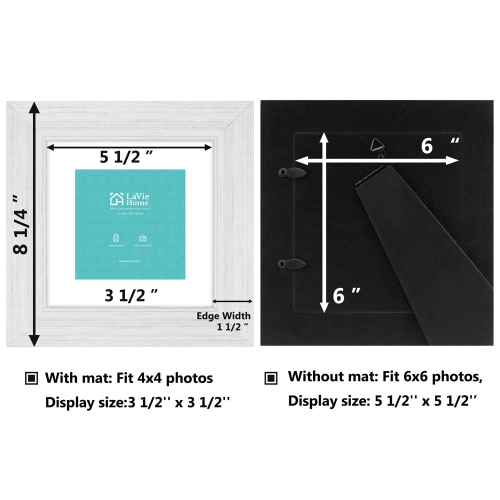 Lavie Home 6X6 Picture Frames (3 Pack, Distressed White) With Mat For 4X4 Photos Rustic Wood Grain Photo Frame With High Definit