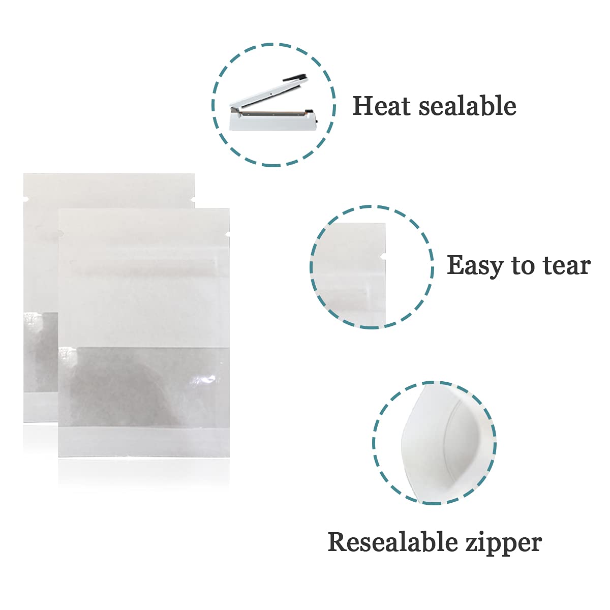 Ferenli 100Pcs White Kraft Paper Window Bags Smell Proof Resealable Food Storage Pouch For Zip Flat Lock Candy Coffee Beans Pack
