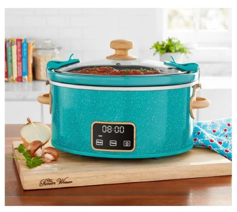 Stunning Pioneer Woman 6 Qt Slow Cooker Locking Lid Digital Healthy Eating - (Teal~Speckle)