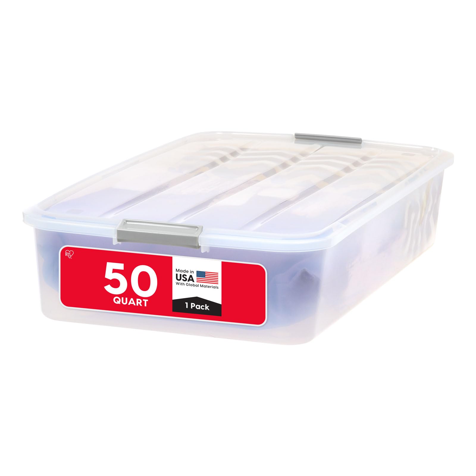 IRIS USA 50 Qt Plastic Under Bed Storage Bin with Lids and Durable Buckles, Multi-Purpose Container Box for Clothes, Shoes, and
