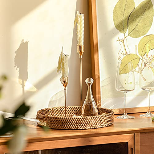 Rattan Round Serving Tray  Hand Woven Serving Basket with Cut - Out Handles  Wicker Fruit/Bread Serving Basket (11.8 + 14.2 inch)