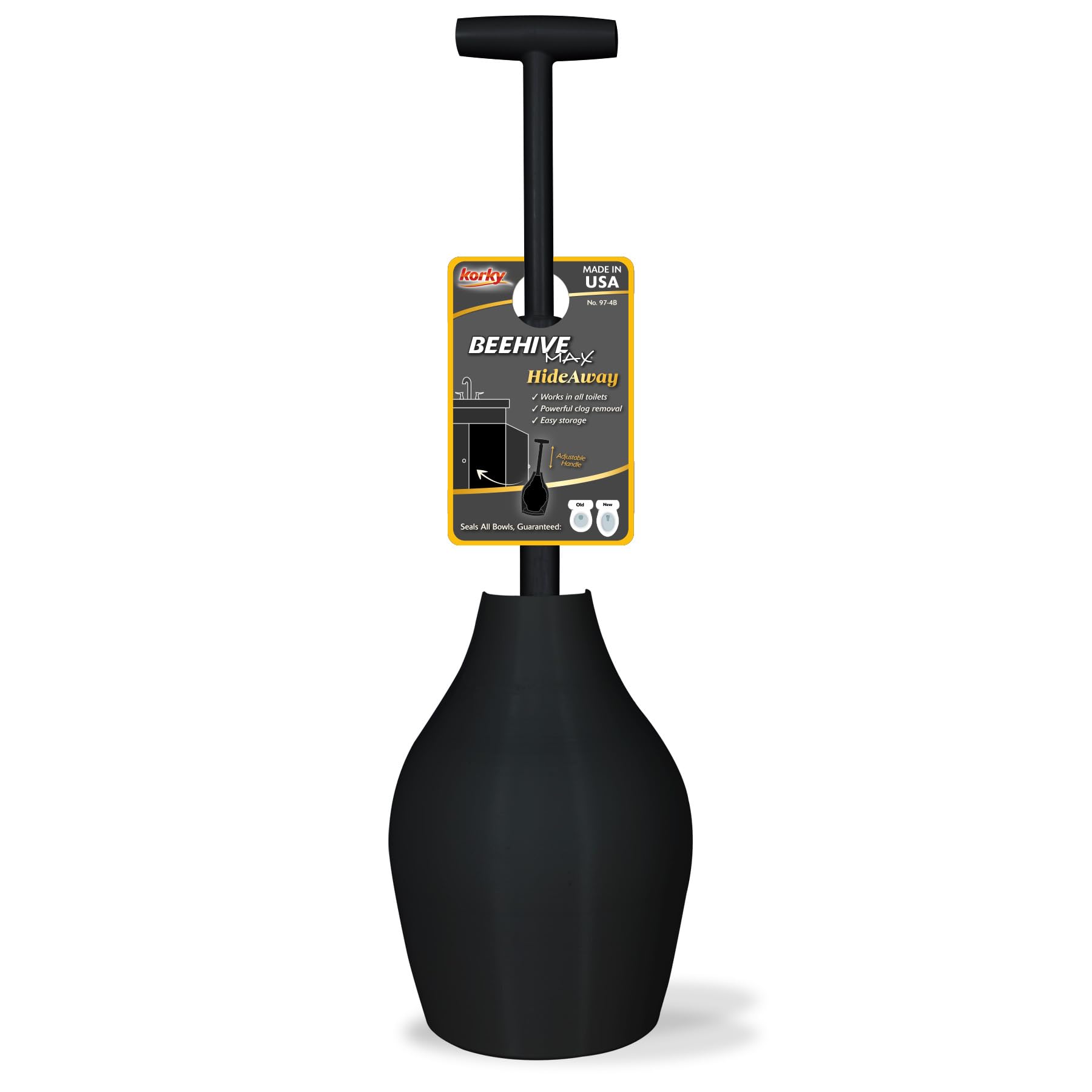 Korky BeehiveMAX Hideaway - Heavy Duty Toilet Plunger with Holder in Black - Drip Free Carry-Seals All Bowl Shapes - Powerful Cl