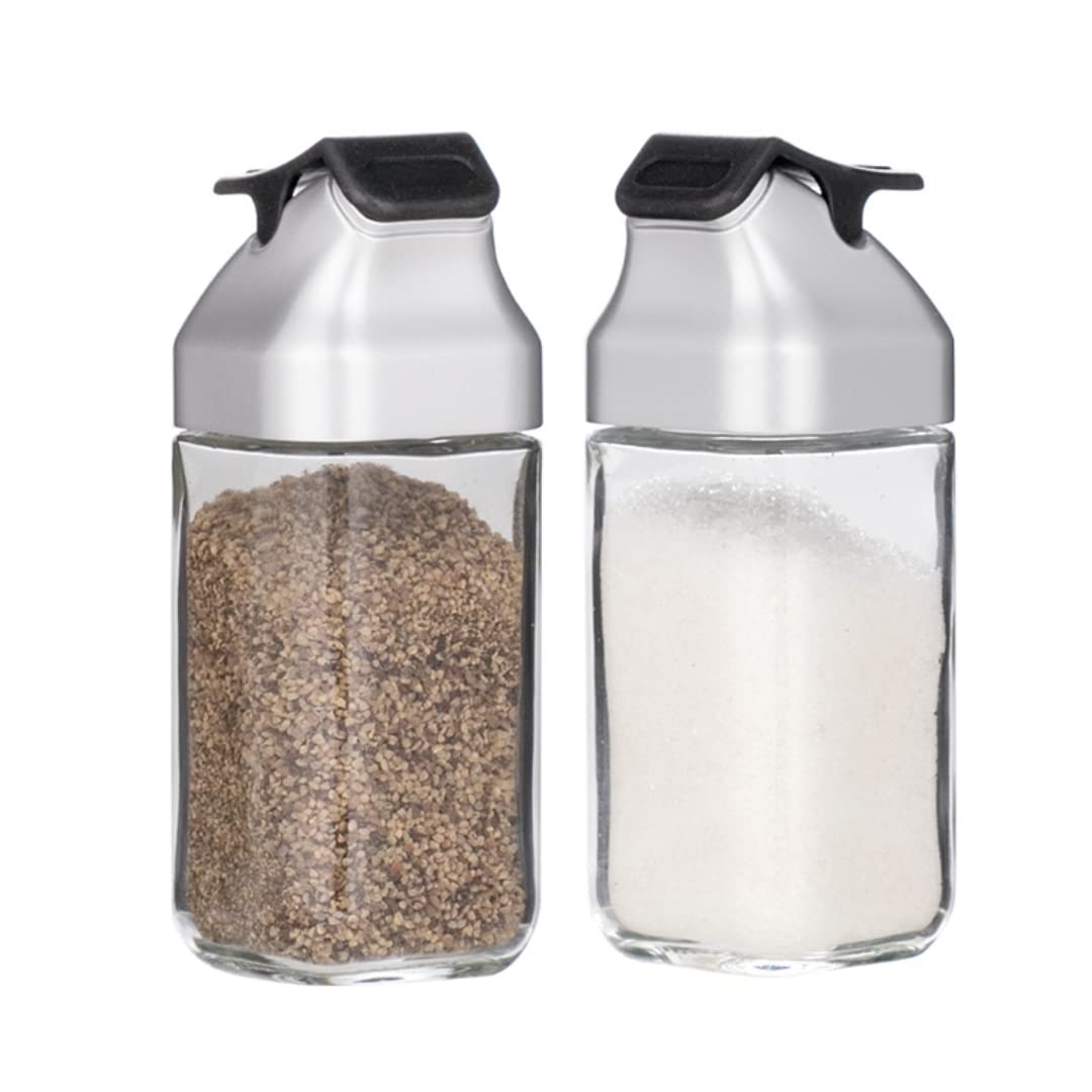 J&M Design Glass Salt And Pepper Shakers Set With Moisture Free Plastic Flip Lid For Kitchen Countertop Or Travel Spice Seasonin