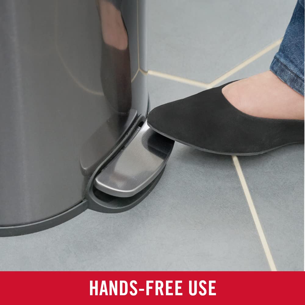 Rubbermaid Stainless Steel Round Step-On Trash Can, 1.6-Gallon, Charcoal, Wastebasket With Lid For Home/Bathroom/Kitchen/Office
