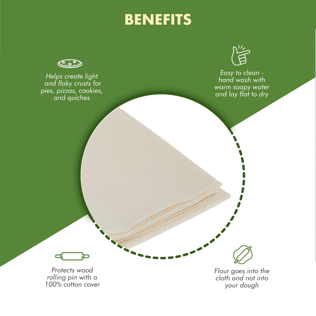 Regency Wraps Natural Pastry Cloth & Rolling Pin Cover Set  100% Cotton Cloth & Pin Cover for Non-Stick Dough Rolling  20x24'' Cloth with Sewn Edges 15'' Rolling Pin Cover