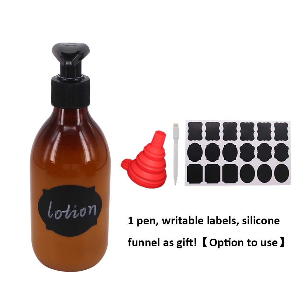 Zmybcpack 8 Pack 8Oz Empty Plastic Pump Lotion Bottles With 1 Pen, Labels & Silicone Funnel, Amber Color Lotion Dispenser With L