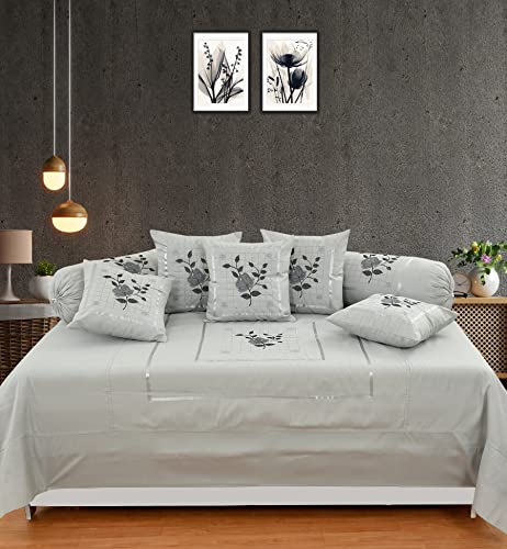 Rj Products Designer Embroided Cotton 8Pcs Diwan Set Grey