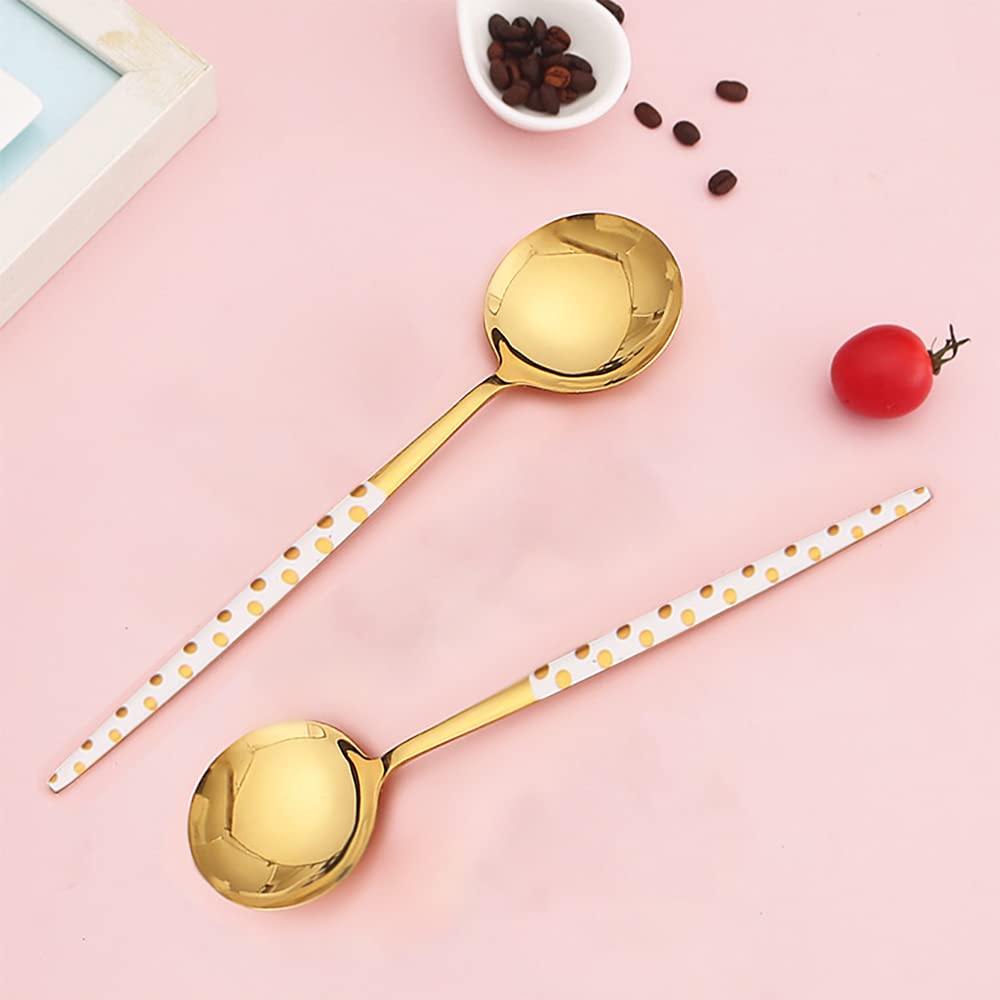 Stainless Steel Soup Spoon,Korean Dessert Spoon,Polka Dot Mixed Color Spoon For Home, Kitchen Or Restaurant, Set Of 4 Colour Pol