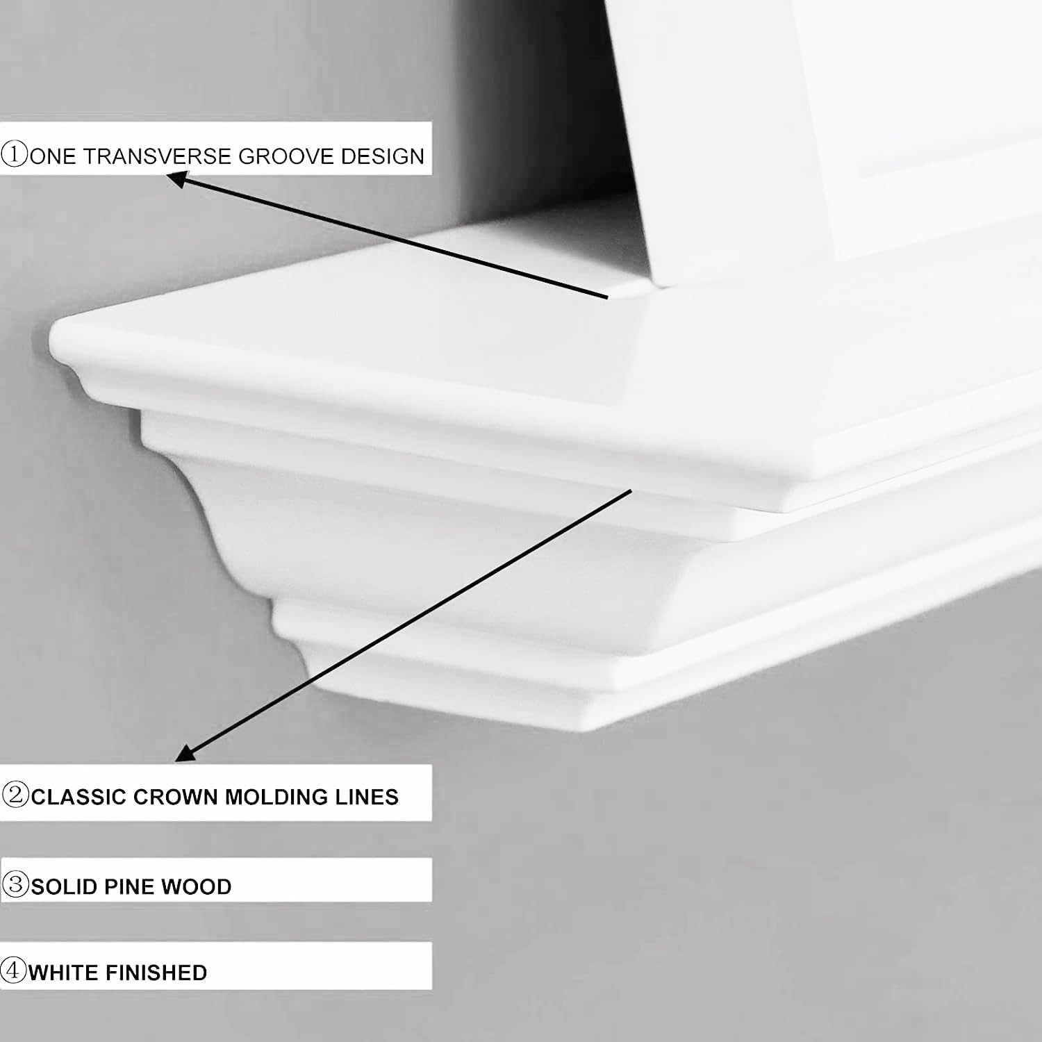 WELLAND 72-Inch Fireplace Mantel Shelf Wall Mounted White Corona Crown Molding Ledge Floating Shelf  Pinewood