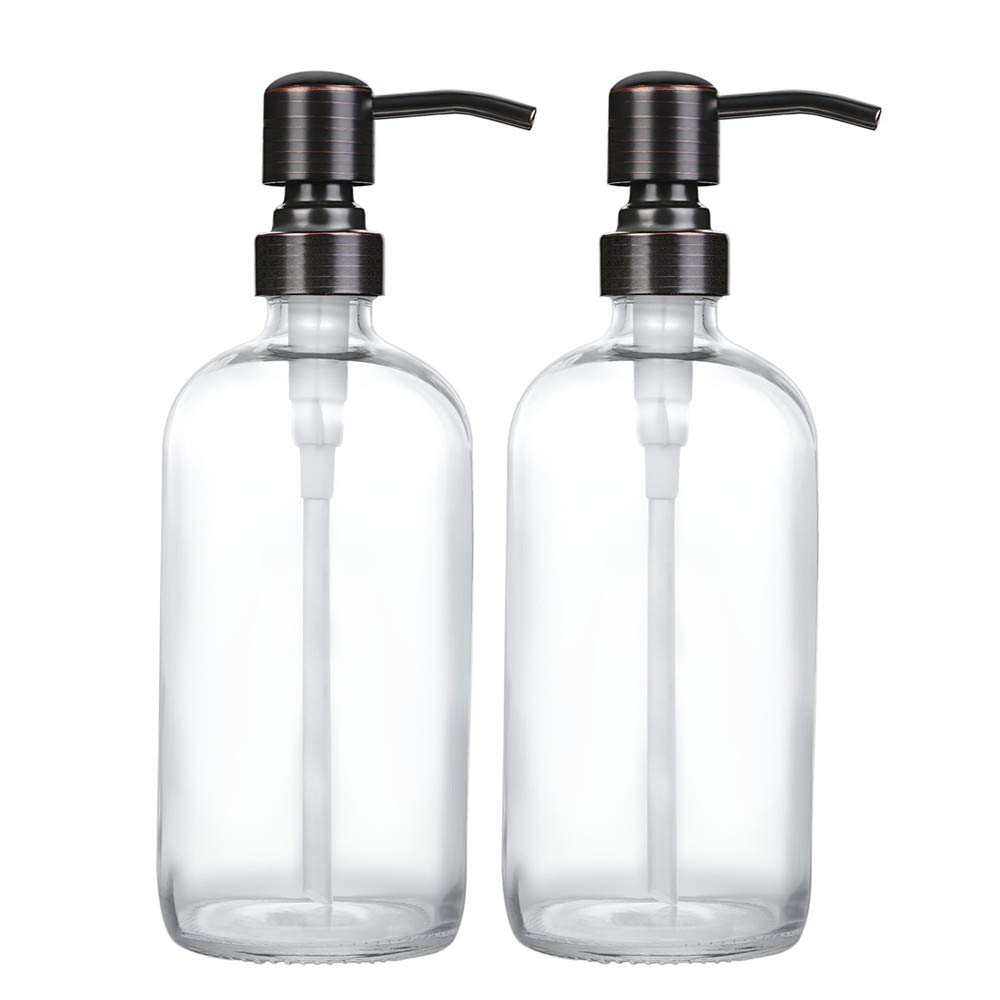 2 Pack Thick Clear Glass Boston Round Bottles /Oil Rubbed Bronze Stainless Steel Pumps, 16 Ounce Jar Soap Dispenser With Rustpro