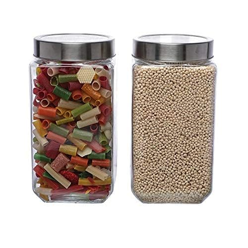 Simparte Glass Jar Barni 1600Ml Transparent Square Container Set Of 2 With Airtight Steel Lid For Kitchen Storage Of Cereals, Pa