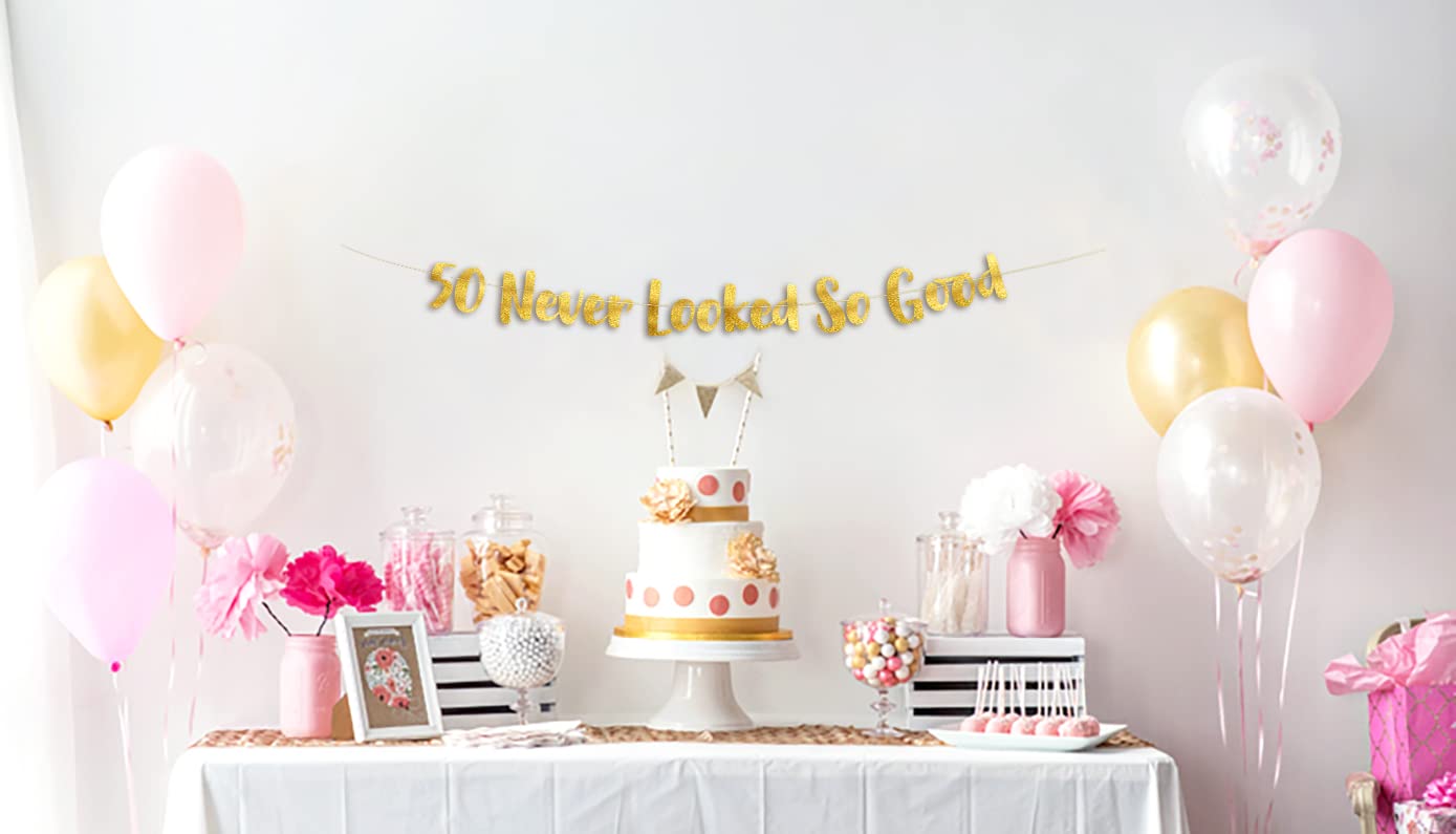 50 Never Looked So Good Gold Glitter Banner - 50Th Anniversary And Birthday Party Decorations