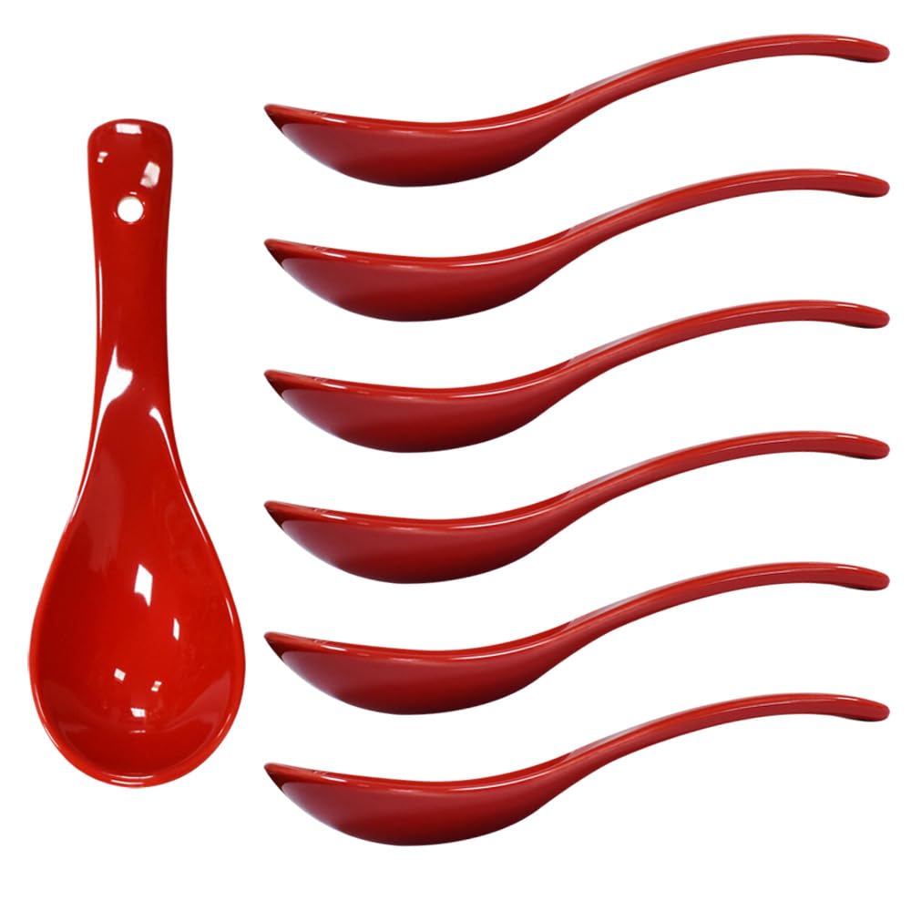 Albedel Red 6 pcs Porcelain Soup Spoon RoundBottom Asia Ceramic Rice Spoons Chinese Won Ton Spoons for Home Kitchen Restaurant
